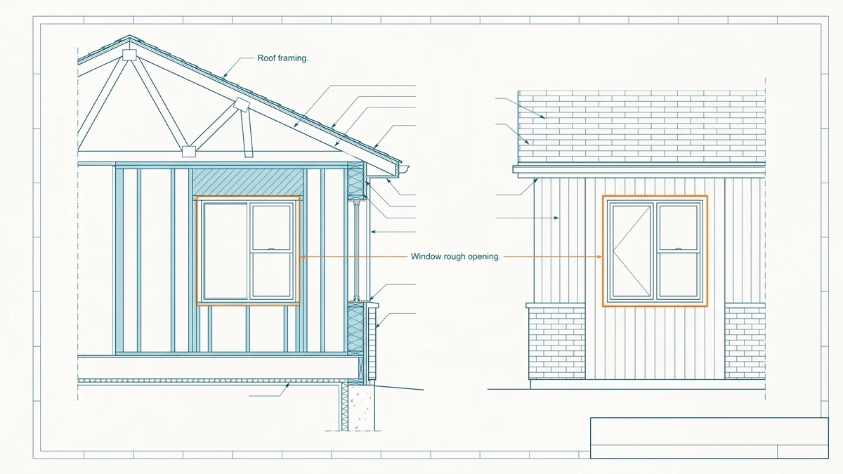 Measured wall section and front elevation of a house showing roof, cladding layers and a window in its rough opening, with the opening being enlarged marked in orange.