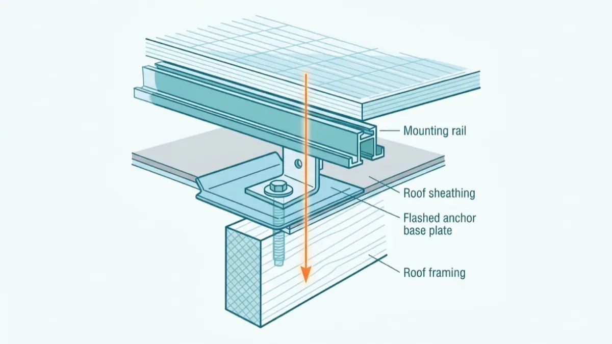 Enlarged flat technical cross-section of a solar panel fixed to a sloped roof, showing the panel, the aluminum mounting rail beneath it, an L-bracket and flashed anchor bolted through the roof sheathing, and the rafter below, with an orange load path arrow running from the panel down into the rafter.