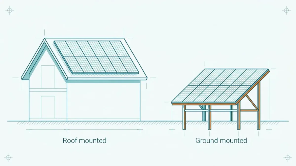 Flat technical elevation showing the two places a residential solar array can sit: a rectangular panel array on a sloped house roof on the left, and a freestanding tilted ground mounted array on posts in the back yard on the right, both drawn over a common ground line.
