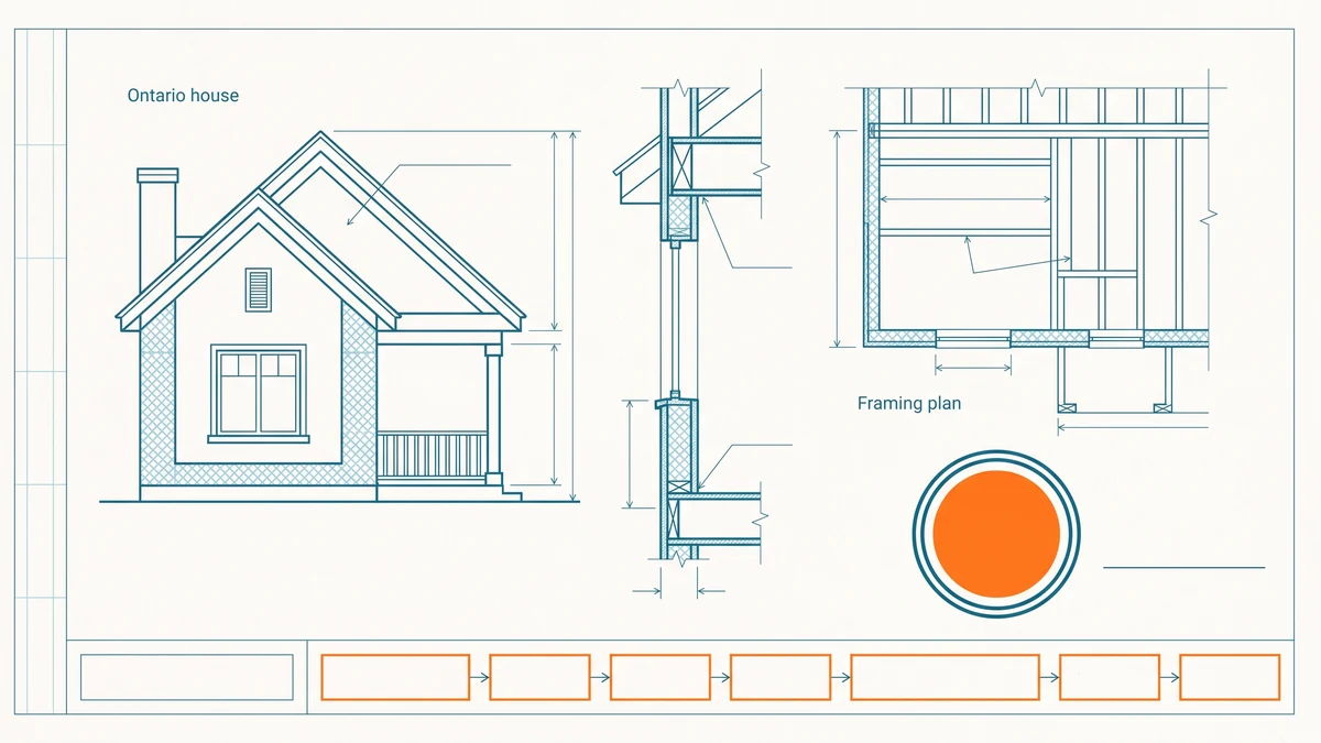 Measured drawing sheet of a house with a structural beam and post beside a plain circular seal outline and signature line, the seal marked in orange.