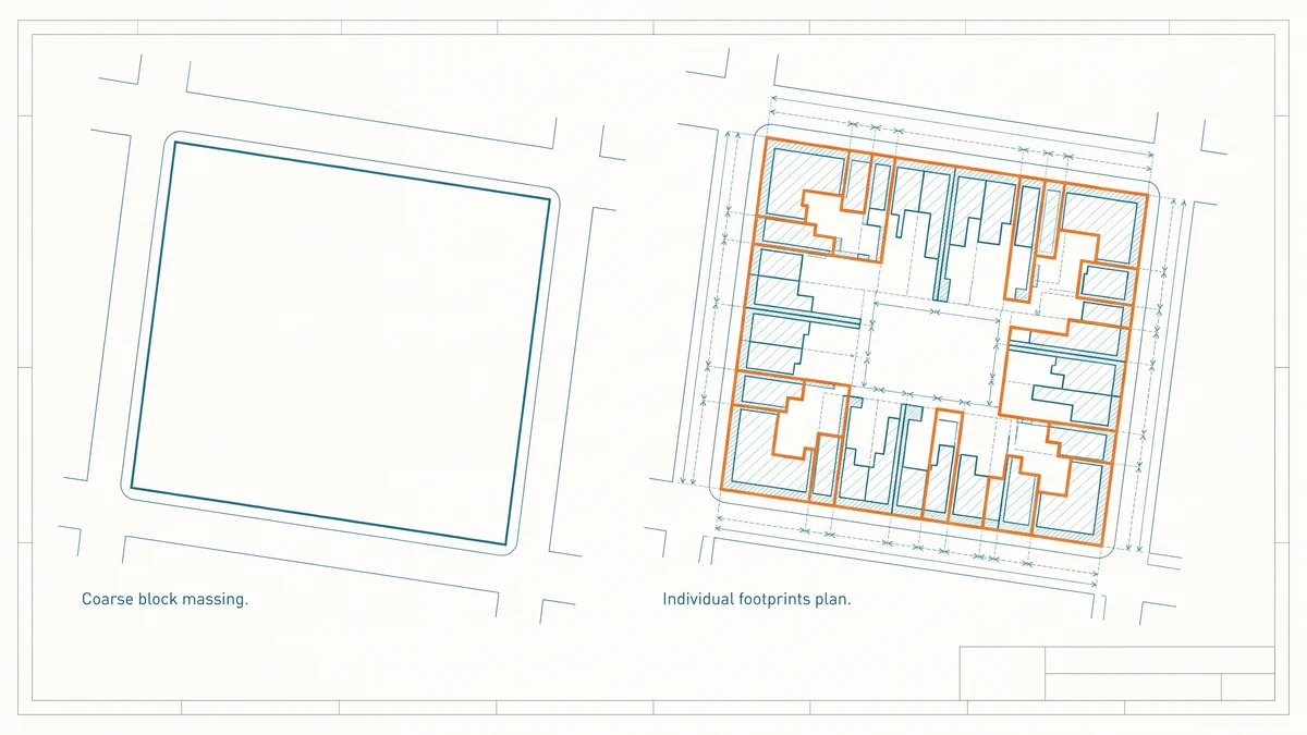 A city block drawn as a coarse massing outline beside the same block redrawn as individual building footprints, the footprints accented in orange.