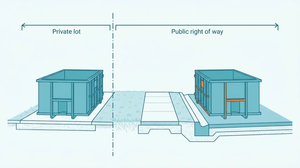 Flat technical cross-section from a house driveway out to the road, with a dash-dot property line; one construction roll-off bin sits on the private driveway and a second bin with orange accents sits on the roadway past the curb.