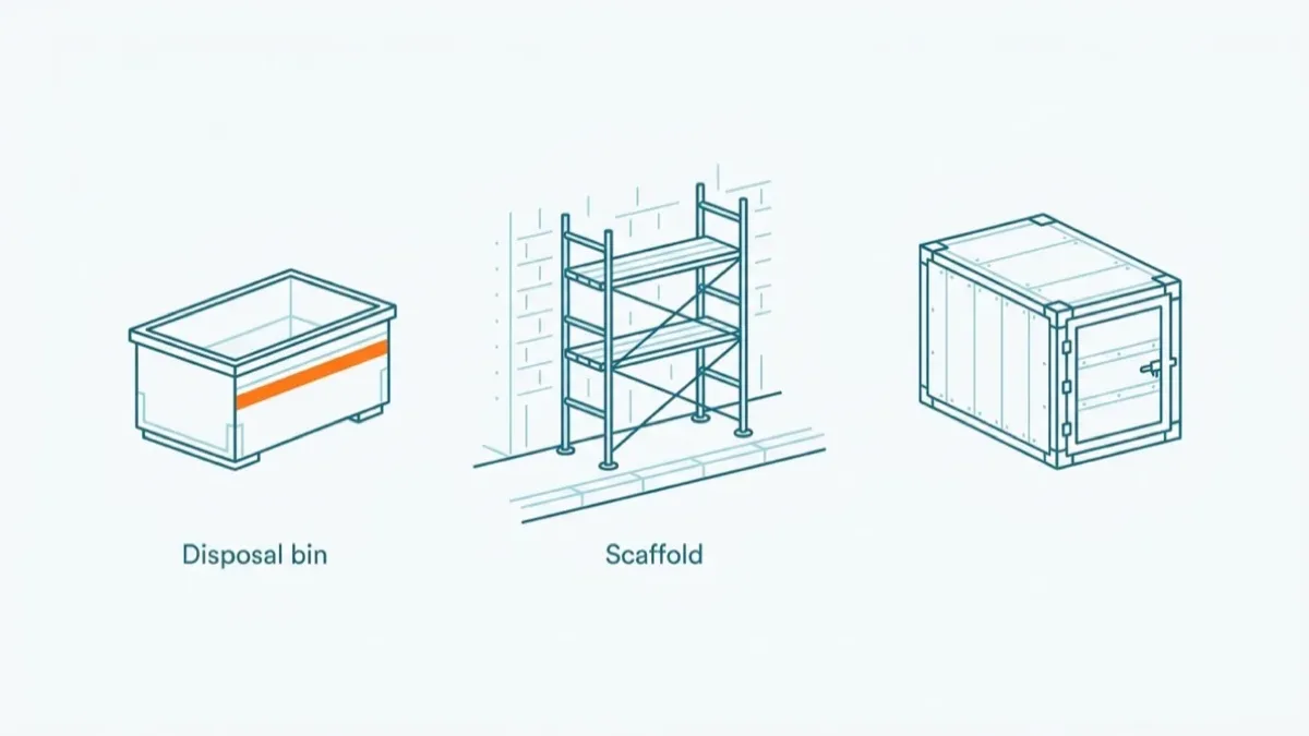 Three flat line icons on a road edge: an open-top disposal bin with an orange band, a scaffold frame against a brick wall, and a closed moving container.