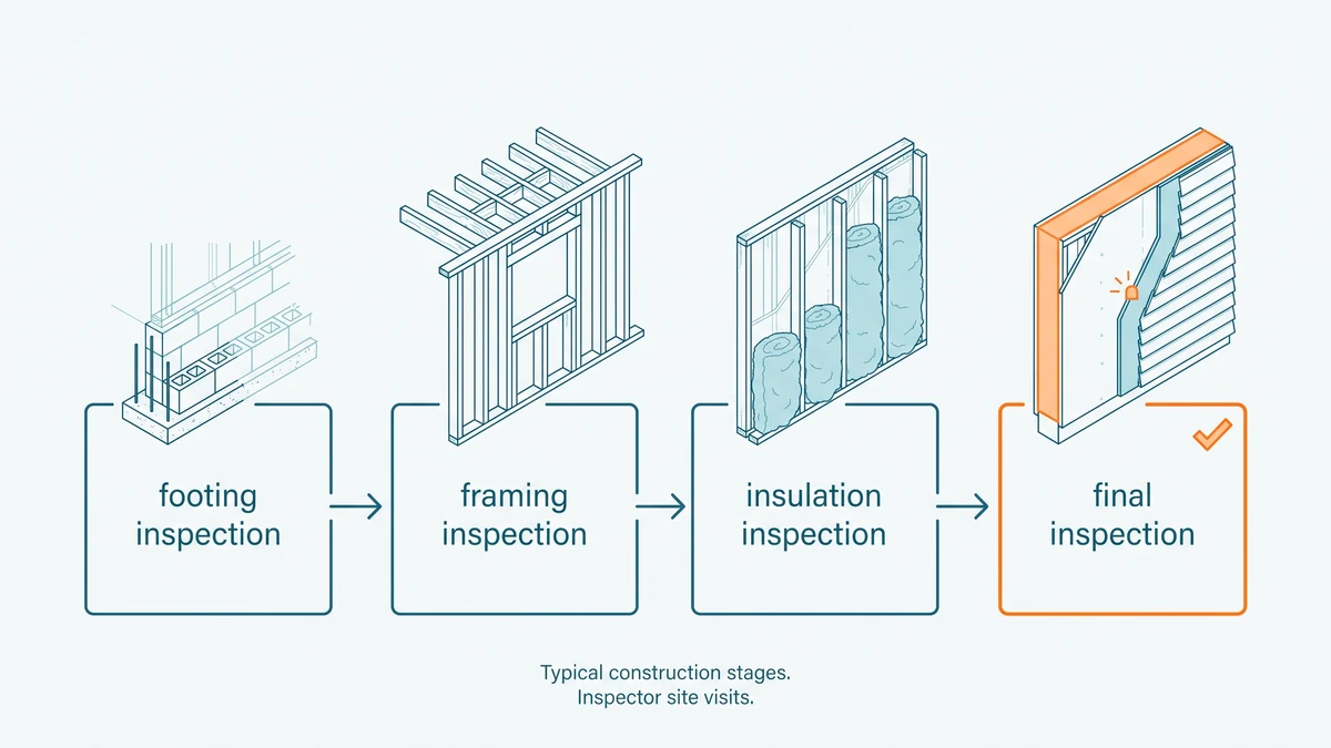 Row of outlined boxes for footing, framing, insulation and final joined by slim arrows beneath a thin house section, the final stage drawn in orange.