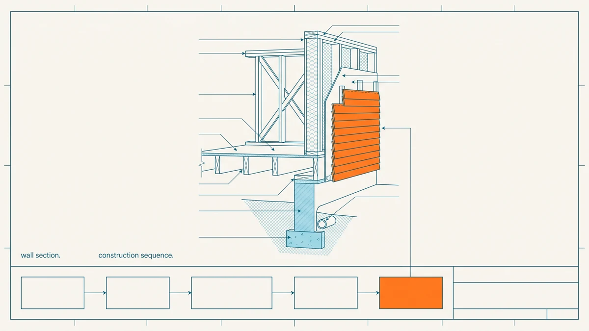 Measured section of a house under construction from footing through framing and insulation to cladding, above process boxes with the final stage in orange.