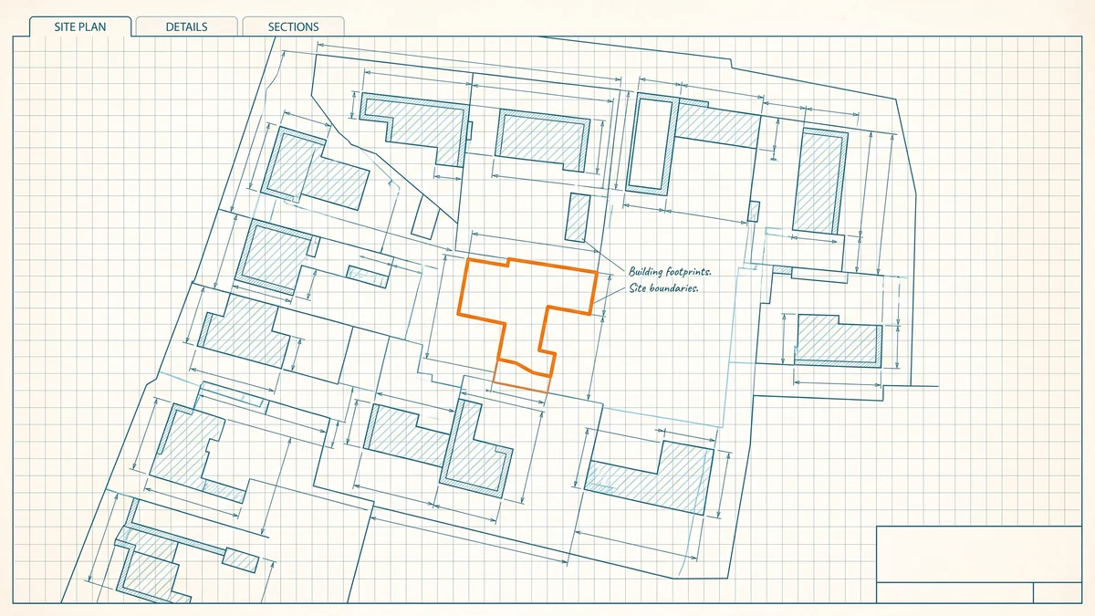 Site plan sheet of a block of building footprints in outline with property lines, index tabs and an empty title block, with a footprint outlined in orange.