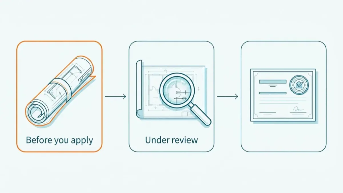 Three-stage process flow drawn as rounded rectangles connected by arrows: a rolled set of drawings outlined in orange, a flat drawing sheet under a magnifying glass, and a stamped certificate.