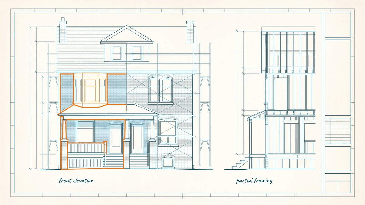 Front elevation of a brick house under renovation with a scaffold frame and an interior framing elevation beside it, the renovated facade portion outlined in orange.