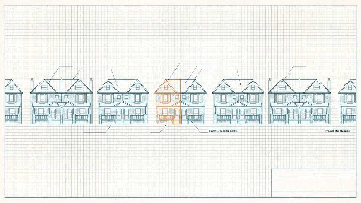 Row of repeated street-front house elevations drawn across a block with party walls and porches measured out, a facade outlined in orange.