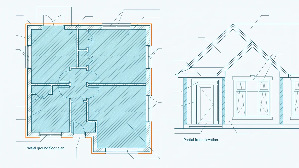 Drafting sheet with a house floor plan whose enclosed area is hatched and outlined in orange, joined by leader lines to a tall empty rate card ruled into blank rows.