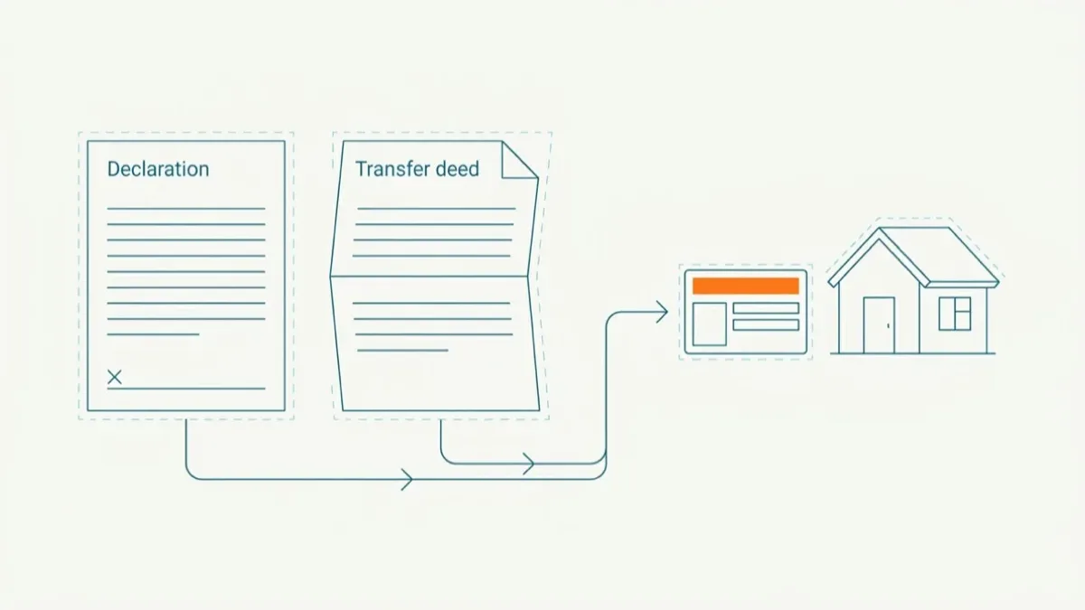 Flat technical illustration of two blank ruled documents, a signed declaration form and a folded transfer deed, with arrows from both converging on a permit card with an orange bar beside a small house outline.