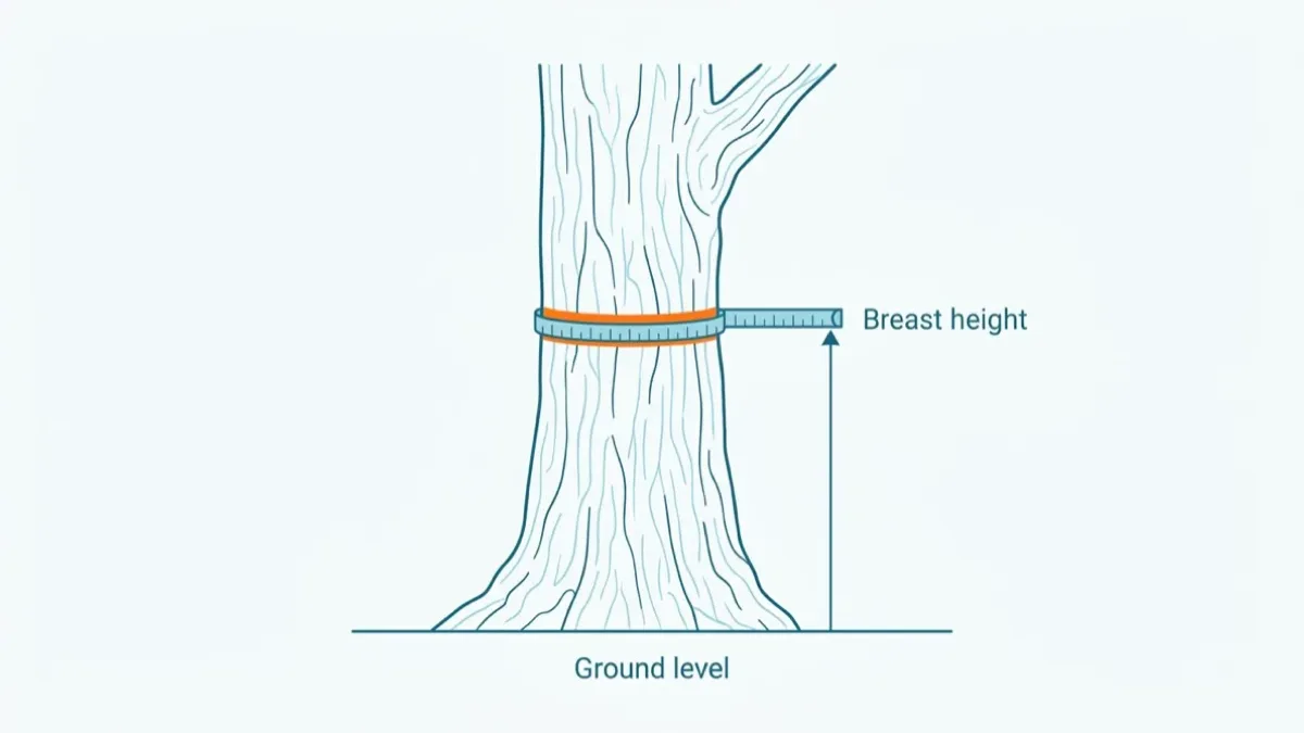 Flat technical drawing of a single tree trunk rising from the ground line, with an orange measuring tape wrapped around it at chest height and a vertical arrow running from the ground up to the tape.