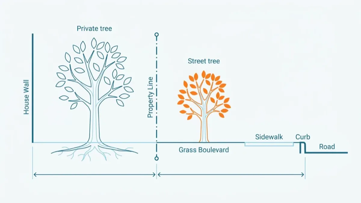 Flat technical cross-section across a Toronto front yard from the house to the road, showing a tree inside the private yard, a dash-dot property line, and a smaller tree in orange on the grass boulevard beside the sidewalk and curb.
