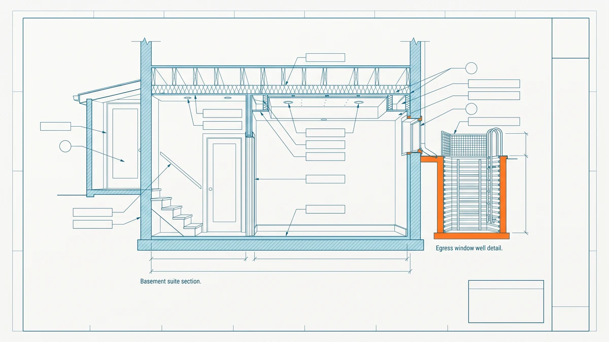 Cross-section of a basement suite with blank leader lines calling out the egress well, separate entrance and ceiling assembly, the window well accented in orange.