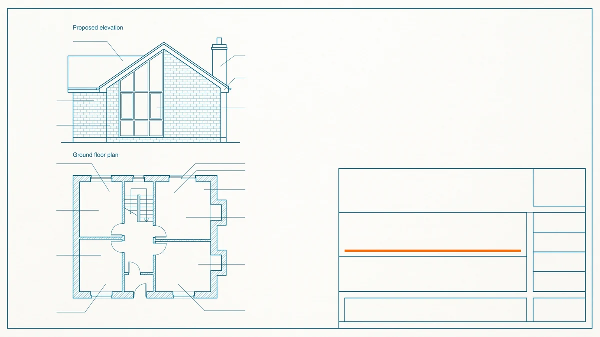 A drawing sheet dominated by an empty title block and signature panel, with a small house elevation and plan in the upper corner and the signature line accented in orange.